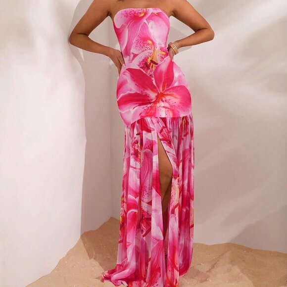 Pink Boho Women's Beach Woven Knit Floral Printed Sun Dress - Picture 4 of 6